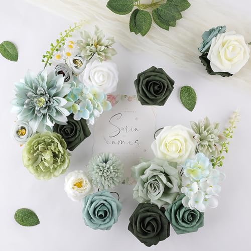 AmyHomie Forest Sage Green White Artificial Flowers Combo Silk Rose Fake Flowers w/Stem for DIY Wedding Bouquets Centerpieces Arrangements Table Decor Party Bridal Baby Shower Christmas Decorations - color: Forest Green