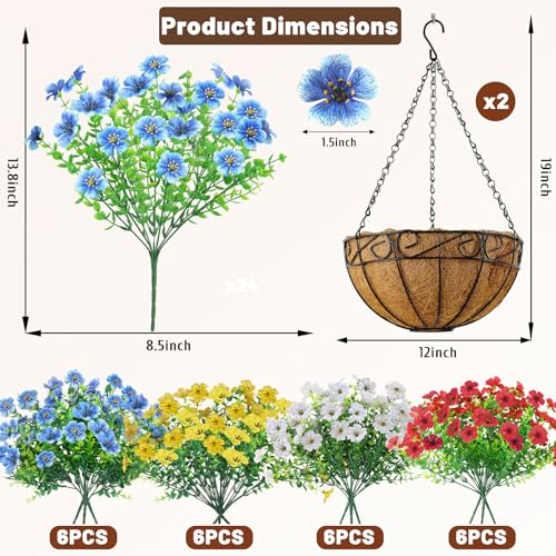 2 Pack Artfiticial Hanging Flowers Baskets for Outdoors, UV Resistant Faux Hanging Plants, 24 Pcs Fake Silk Flowers for Patio Garden Front Porch Balcony Decor (Red White Blue Yellow) - color: Red White Blue Yellow