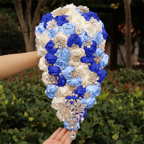 Handmade Satin Rose Water Drop Bridal Bouquet,8.7inch Crystal Wedding Round Tossing Bouquet,Jewelry Proposal Bridesmaid Bouquet Groom Corsage Bride Wrist Flower ivory (07#Ivory Sapphire LightBlue) - color: 07#ivory Sapphire Lightblue