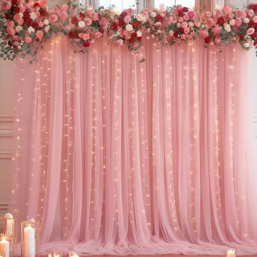 10ft x 10ft Dusty Rose Backdrop Curtain with Lights String for Parties, Sheer Tulle Wedding Photo Backdrops Drapes for Baby Shower Birthday Party Decorations Background for Photography - color: Dusty Rose, size: W5' x H10'(2 panels)