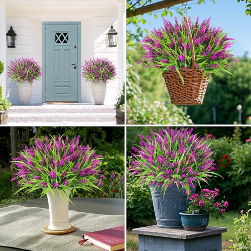 Ouddy Decor 24 Bundles Artificial Flowers for Outdoors, Fake Lavender Flowers Monkey Grass Faux Plastic Plants Shrubs UV Resistant for Porch Garden Window Box Office Home Decorations, Fuchsia - color: Fuchsia