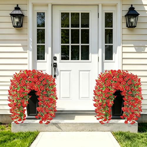 Artificial Hanging Flowers for Outdoors, 4Pcs UV Resistant Faux Morning Glory Flowers Spring Summer Decroation, No Fade Fake Flower Trailing Vines for Porch Patio Balcony Yard Garden (Red) - color: Red