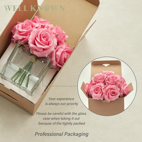 WELL KNOWN Rose Artificial Flowers in Vase with Faux Water, Silk Rose Table Centerpieces for Home Coffee Table Decor, Fake Roses Flower Arrangements for Office Hotel Lavatory Decor (Pink) - color: Pink