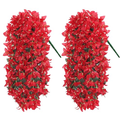 2PCS Faux Bougainvillea UV Resistant Artificial Flowers Plants for Outdoors Faux Hanging Bougainvillea Flowers Outside Decoration Fake Silk Long Trailing Vines for Front Door Porch Patio (red) - color: Red