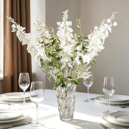 10 pcs Artificial Delphinium Flowers with Clematis Greenery, White Fake Larkspur Flowers & Clematis Leaves for Tall Vase, Wedding Arch Bouquet Floral Arrangement Home Party Table Centerpiece - color: White+green, size: 33.86 inch