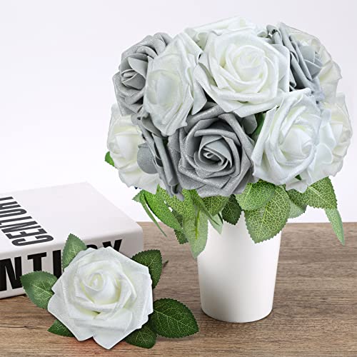 Higfra Artificial Flowers 25pcs Real Looking Himmer Silver Grey Foam Fake Roses with Stems for DIY Wedding Bouquets White Bridal Shower Centerpieces Arrangements Mothers Day Party Tables Decorations - color: Himmer Silver Grey, size: 25Pcs