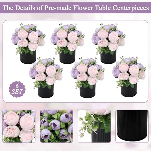 Pre-Made Flower Table Centerpieces, Set of 6 Artificial Silk Peonies with Black Vases for Wedding Reception, Modern Floral Decor for Birthday Party, Anniversary Ceremony - Lilac & Light Pink - color: Lilac & Light Pink