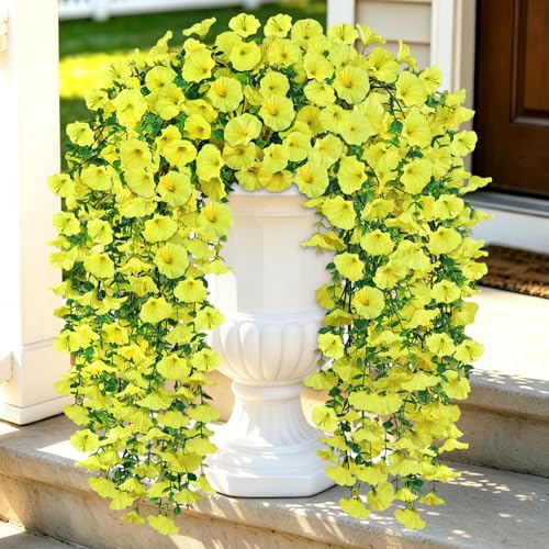Artificial Flowers for Outdoors, 6-Pack 420 Blooms UV Resistant Hanging Morning Glory Silk Flowers Vines, Realistic Fake Plants Outside Decroation for Porch Patio Balcony Yard Garden (Yellow) - color: Yellow