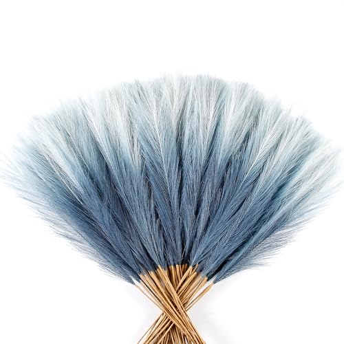 60Pcs Navy Blue Gradient Faux Pampas Grass Decor, 21.7" Pompas Grass Flower Arrangement and Vase Filler for Boho Home Wedding Decoration - size: 21.7'' Tall Navy Blue Gradient