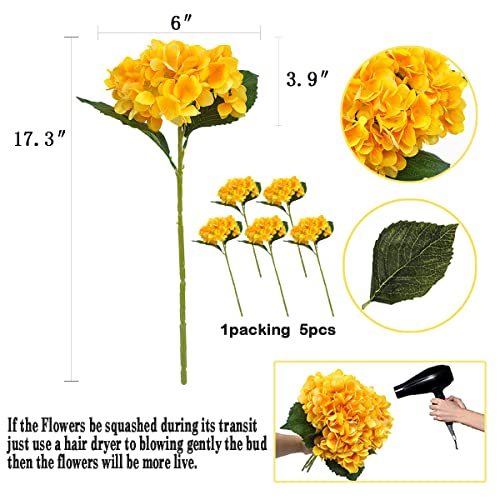 6Pcs Artificial Fake Flowers Plants Silk Hydrangea 1 Flower Head Arrangements Wedding Bouquets Decorations Plastic Floral Table Centerpieces Home Kitchen Garden (Yellow) - color: Yellow