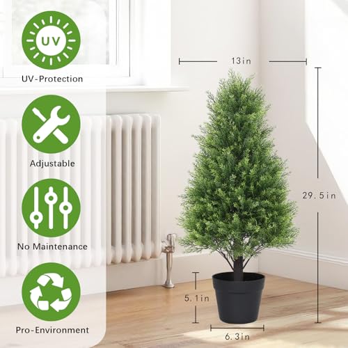 Artificial Cedar Topiary Trees Set of 2, 30'' UV Resistant Faux Cypress Pine Plants Outdoor, 2.5ft Large Realistic Faux Evergreen Cone Bushes & Shrubs for Front Porch Planter Christmas Decor - color: Cedar Green, size: 30in