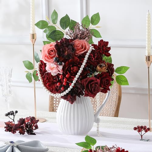 Garisey Artificial Flowers Combo Box Set Burgundy Silk Flowers for DIY Wedding Bouquet Arrangements Bridal Shower Party Home Decorations (Mature Burgundy) - color: Mature Burgundy