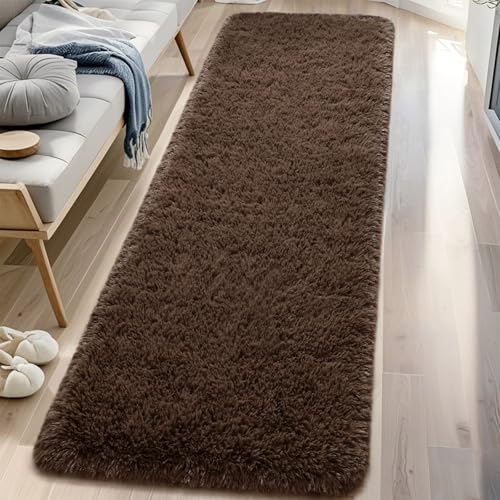 DweIke Fluffy Brown Runner Rugs for Bedroom, 2x6 Feet Soft Plush Long Runners for Girls Boys Kids, Non-Slip and Machine Washable Bedside Rug, Small Throw Carpet for Hallway Rooms Decor - color: Brown, size: 2 Ft X 6 Ft