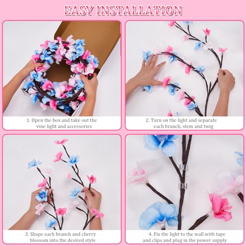 7.55 FT 144 LED Cherry Blossom Tree Branch Lights for Wall,8 Modes Artificial Pink Cherry Blossom Garland with Remote and Timer,Willow Vine Lights (144 LED Three-Color Cherry Blossom) - color: 144 LED Three-Color Cherry Blossom