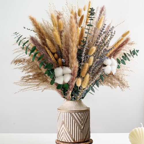 Nordic Elegance Dried Flower Bouquet – Premium Pampas, Cotton & Eucalyptus Arrangement in Timeless Neutral Tones for Modern Home Decor (93pc Pampas Grass) - color: 93pc Pampas Grass