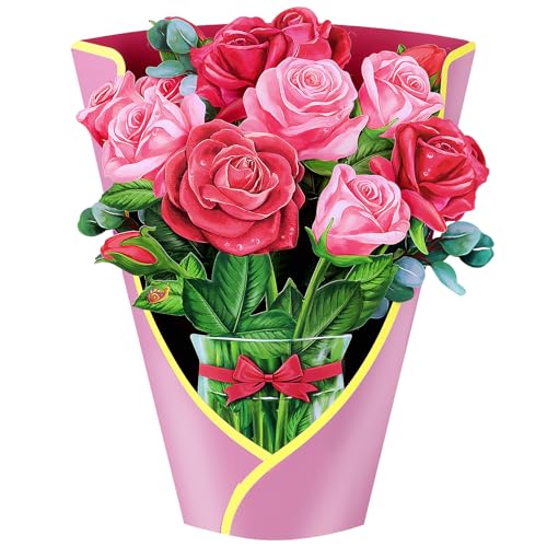 Airpark Pop Up Flower Bouquet Card for Women, 3D Floral Greeting Card with Envelope and Note, Birthday Thank You Thinking of You Get Well Gift for Mom Friend Wife Teacher, Rose - style: Red and Pink Roses
