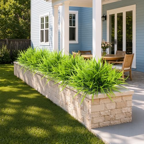 Uieke 28 Bundles Artificial Outdoor Plants UV Resistant Fake Grass Plants Faux Plastic Plants Greenery Shrubs for Home Garden Pathway Window Box Front Porch Spring Summer Decor, Green - color: Green, size: 28