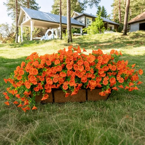 Artificial Flowers for Outdoor Decoration,16 Bundles Fake Silk Realistic Orange Morning Glory UV Resistant Faux Plastic Plants for Planter Porch Patio Yard Balcony(Orange Red) - color: Orange Red
