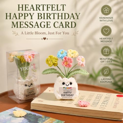 YOOJEE Crochet Forget Me Not Flower Pot Birthday Gifts for Women | Pet Display Box, Happy Birthday Message Card, Colorful Handmade Keepsake, Desk Decor, Gift For Mom Friend Sister Coworker - color: E-Happy Birthday