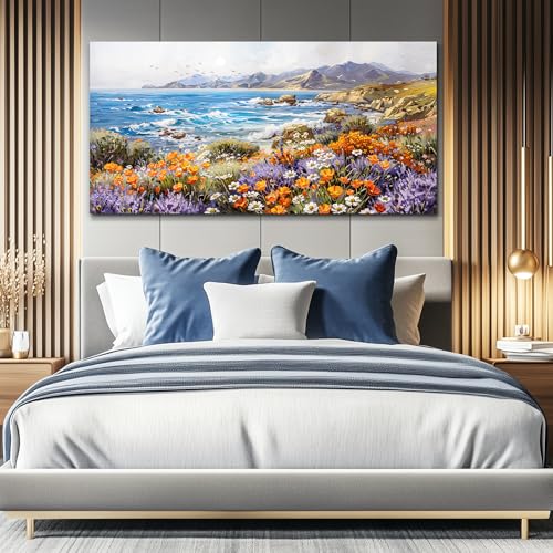 ZUITINGHUA Canvas Wall Art For Living Room Large Wall Decor For Office Bedroom Decorations Seascape Landscape Pictures Coastal Wildflower Painting Artwork Room Wall Mural Aesthetic Home Decor 30x60 In - color: Coastal Wildflower Seascape, size: 60"L x 30"