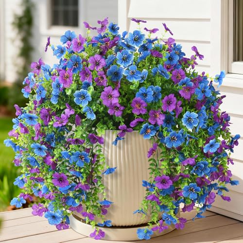 Artificial Faux Flowers Plants for Outdoor Spring Summer Decoration, 2 PCS Fake Silk Daisy Flowers No Fade UV Resistant Realistic for Outside Home Planter Porch Patio Balcony Yard Decor (Blue Purple) - color: Blue Purple