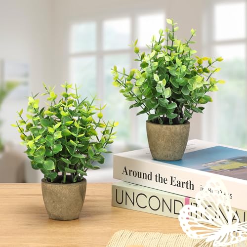 FAVOWREATH 2 Pack Fake Plants Ceramic Mini Artificial Greenery Potted Plants for Home Decor Office Decor Room Decor Farmhouse Decor Indoor Table Bathroom Decor - color: 2 Grey