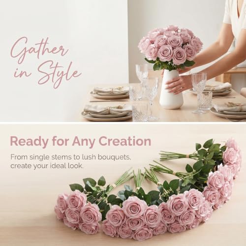 52pcs Dusty Pink Roses Artificial Flowers Ivory Fake Flowers Silk Roses with Stems for DIY Wedding Bouquets Bridal Shower Centerpieces Arrangements Party Decorations - color: Dusty Pink