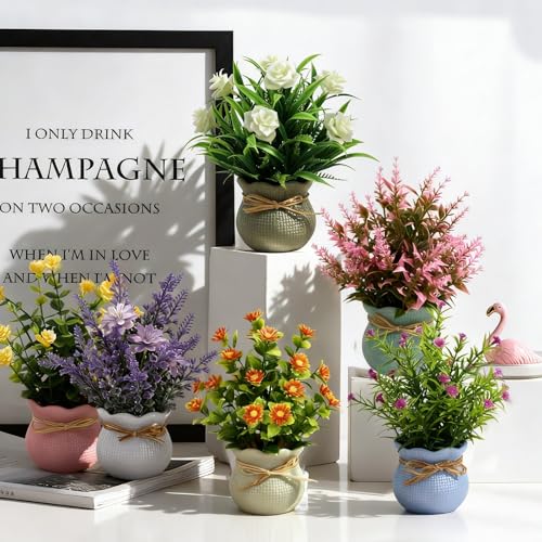 Yoratee 6PCS Artificial Flowers Pot Small Fake Plants with Mini Potted Plants for Home Office Tabletop Centerpiece Decoration - color: 6pcs - B