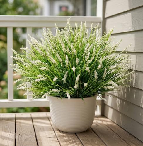Outdoor Faux Plants, 12 Pcs Fake Plant UV Resistant Monkey Grass Lavender Flowers, Artificial Greenery Shrubs Bush for Outside Planter Patio Garden Front Porch Door Yard Spring Summer Decor, White - color: White