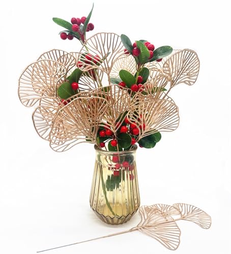 Golden Ginkgo Leaves Stems Christmas Decoration, Artificial Plants Fake Plastic Simulation Apricot Leaf Grass for Wedding Party Indoor Home Office DIY Crafts Flowers Bouquet Xmas Gold Decor - 12 Pack - color: Gold Ginkgo Leaves - 12 Pcs