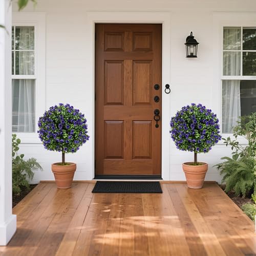 Goplus 22'' Artificial Purple Rose Topiary Ball Tree, Set of 2 Faux Potted Plants Artificial Shrubs Bushes with Flowers, Fake Evergreen Boxwood Topiary for Indoor Outdoor Home Front Porch Decor - color: Purple Rose