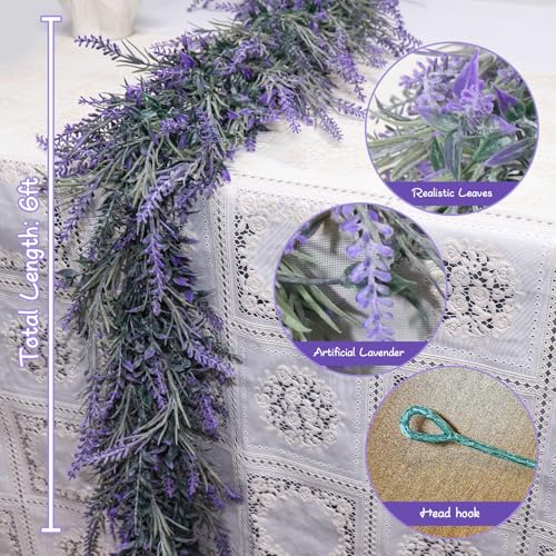 MAKHOT Spring Summer Lavender Purple Garland, 6Ft Lavender Artificial Green Garland, Fake Silver LavenderLeaves Vines for Wedding Mantle Party Arch Porch Stair Table Door Home Decor (Light Purple) - color: Light Purple-1pcs