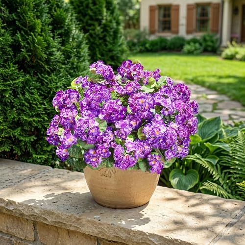 Fake Geraniums Artificial Flowers for Outdoors Outside, 6 Bundles Purple Silk Geraniums Fake Flowers Plants Realistic UV Resistant Faux Flowers for Outdoor Planters Garden Balcony Yard Porch Indoor - color: Purple