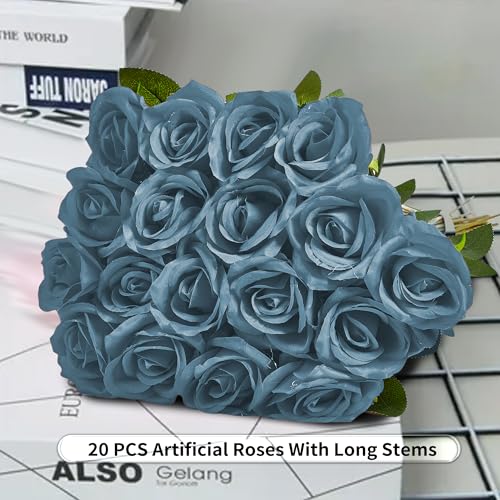 20PCS Artificial Roses with Long Stems - Realistic Silk Flowers, Fake Roses Real Touch Bouquet of Roses for Mother's Day, Home Decor, Bridal Wedding Party, Bulk Faux Rose Flowers (Dusty Blue) - color: Dusty Blue, size: 20 PCS