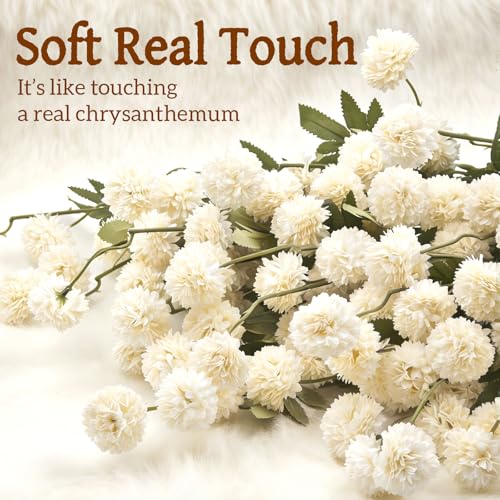 8pcs Ivory Fake Flowers Silk Pompon Mum Artificial Flowers,Mini Artificial Chrysanthemums with Stems,Faux Flowers For Vase,for Wedding Centerpieces, flower arrangements, vase fillers, and home decor - color: Ivory