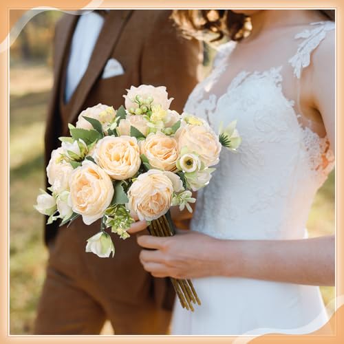 Crowye 4 Bundles Peonies Artificial Flowers Silk Faux Peonies Wedding Artificial Flower Bouquet for Table Centerpiece for Home Wedding Decor Bridal Floral Arrangement(Champagne) - color: Champagne