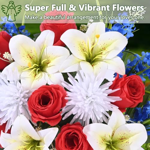 MARTINE MALL 2 Sets Artificial Cemetery Flowers for Grave, Artificial Grave Flowers Memorial Day Flowers for Cemetery Red White Blue Rose Lily Flowers with Vase for Cemetery Grave Decoration