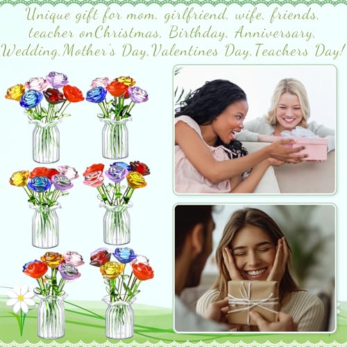FoldTier 42 Pcs Mini Glass Flower Decoration Hand Blown Glass Flower Figurines Collectible Ornaments with Vase for Mothers Day Birthday Table Centerpiece Garden DIY Craft(Roses) - style: Roses