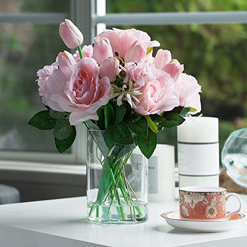 ENOVA FLORAL Pink Tulip Artificial Real Touch Flowers in Vase, Mixed Fake Tulips Fake Flowers and Silk Rose Artificial Flowers with Vase for Dining Table Decoration (Pink) - color: T& Rose Pink