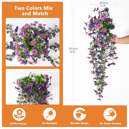 Artificial Hanging Flowers for Outdoors, 2 Pcs Fake Hanging Plants Spring Summer Decor, UV Resistant No Fade Faux Silk Daisy Flower for Planters Front Door Porch Patio Yard Garden(Double Purple) - color: Double Purple