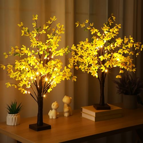 Baquler 2 Pcs Fake Forsythia Tree Lamp Artificial Yellow Flowers Tree Lamp Forsythia Stems Birch Tree with LED Lights Spring Artificial Stem Flowers for Easter Home Party Wedding Holiday Spring Decor