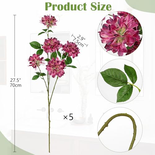 5 Pcs 27" Artificial Silk Flowers for Vase, Realistic Faux Floral Arrangement with Long Stems, Fake Rosa Banksiae Flower DIY for Wedding Centerpiece, Home Party Indoor Vase Decor - Red - color: Plum
