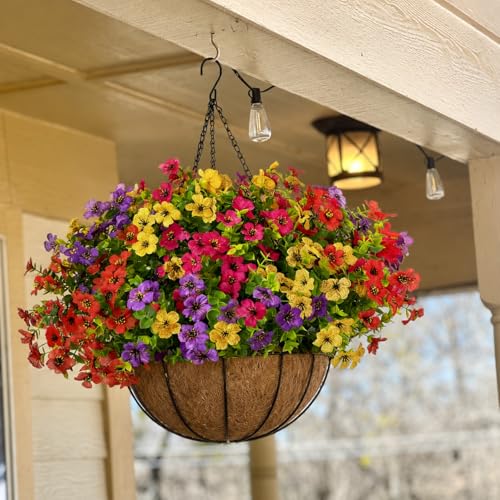Geegoods 2 Pack Artificial Hanging Flowers for Outdoors, 24 Pcs UV Resistant Faux Mums Flowers with 2 Hanging Baskets, Fake Hanging Plants for Front Porch, Patio, Balcony, Yard and Garden Decor - color: Mix 4 Colors-2packs, size: 2 Packs