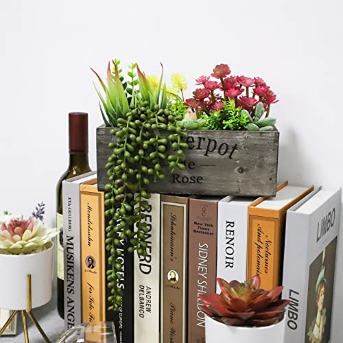 Hopewood Artificial Succulent Plants Arrangement in Wooden Planter, Fake Succulents Plants in Rustic Wood Box,Faux Succulent in Rectangular Pot,Centerpiece,Home Office Shelf Indoor Decor Plants