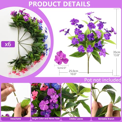 Artificial Impatiens Flowers for Outdoors, 6 Bundles Multicolor Silk Fake Flowers for Spring Summer Decoration, UV Resistant Faux Plants Plastic Bouquet for Home Planter Porch Patio Yard Decor - color: Double-purple,pink,blue