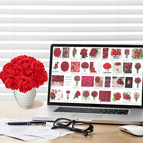 Larksilk Red Roses 50pcs Real Touch Faux Flowers for Wedding Centerpieces | Bulk red roses for centerpieces, garlands, and bouquets; real-touch artificial blooms with stems for wedding crafts - color: Red