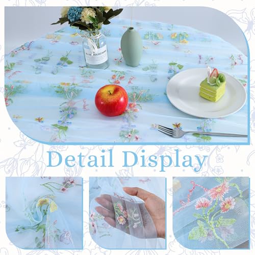 BINBE 12pcs Blue Florals Table Runner Embroidery Gauze 10FT Daisy Seasonal Tulle Birthday Wedding Holiday Kitchen Dining Table Decor for Home Party - color: Blue, size: 10ft x 12pack