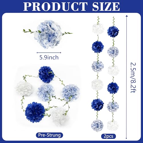 Blue and White Floral Royal Blue Tissue Flowers Pom Pom with Sage Green Leaf Ribbon Hanging Streamer Garland for Birthday Baby Shower Wedding Engagement Chinoiserie Theme Party Decorations Supplies - color: Blue Floral