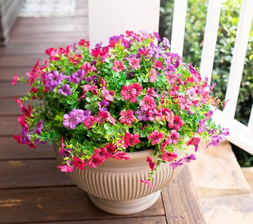 HyeFlora Artificial Flowers for Outdoor Indoor Garden Home Decoration, Faux Flower Daisy with Eucalyptus Leaves Fake Plants Greenery Boxwood Porch Patio, 12 Bundles (Purple Pink) - color: Purple Pink