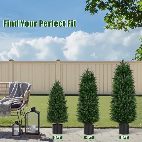 Grooy Artificial Cedar Trees, 4FT Tall Faux Tree Potted Plants with Trunk 48in Fake Cypress Tree for Indoor Outdoor Front Porch Garden Decor-2pack